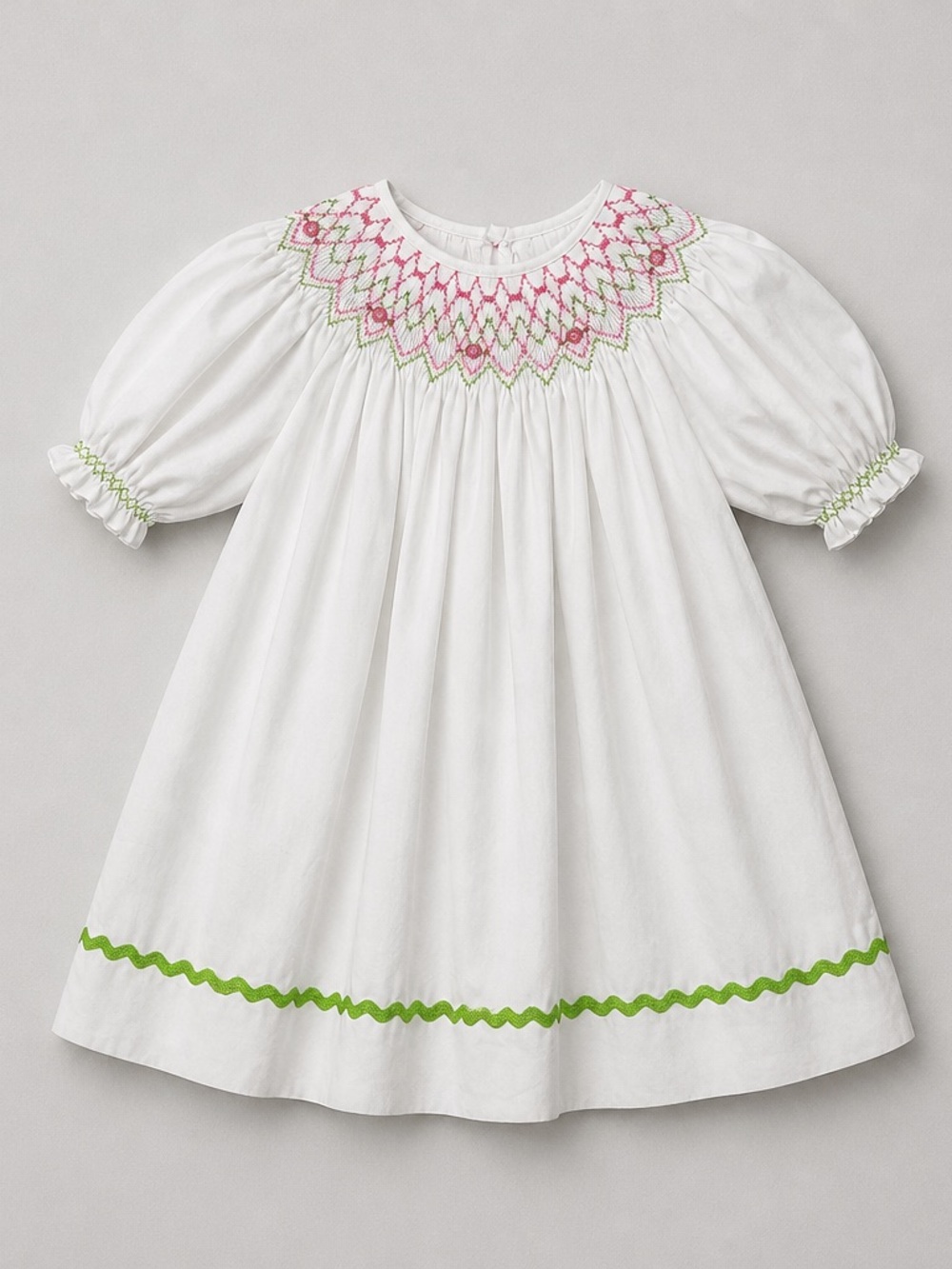 Remember Nguyen white hand smocked bishop hand embroidered puff sleeve dress